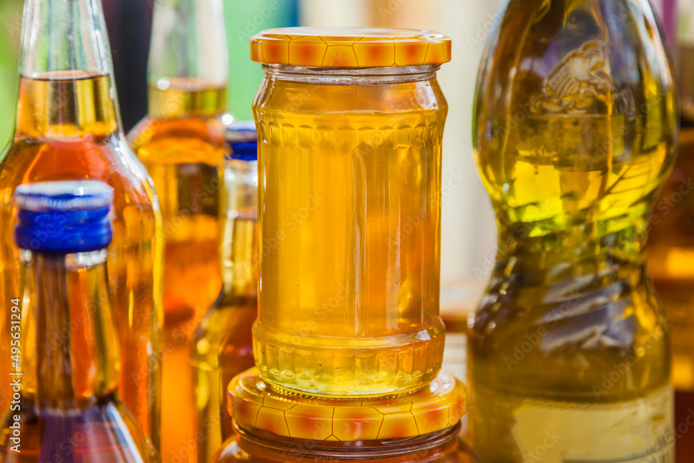 Homemade honey. Different banks, different containers. Private t Homemade honey. Different banks, different containers. Private t