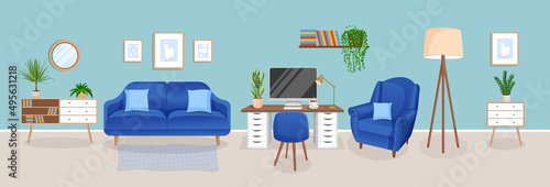 Design of a cozy room for working from home. Office with computer, workplace room, cabinet. Modern living room interior with furniture and house plants. Vector flat style illustration.