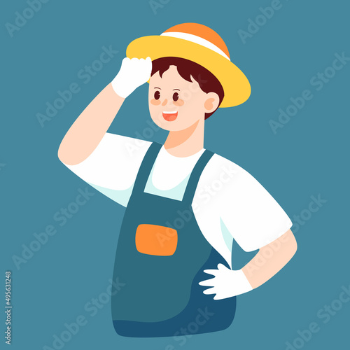 Farmers are wiping their sweat, with rural houses and mountains in the background, vector illustration, Chinese translation: Rural revitalization