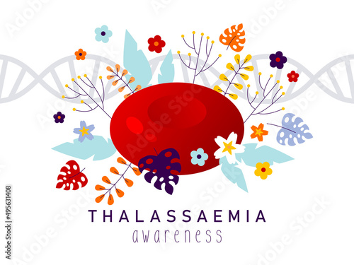 International Thalassaemia Day May 8th. Thalassaemia awareness, inherited condition affecting the blood. Thalassaemia blood test. Blood red hemoglobin and DNA. Medical flat illustration. Health care