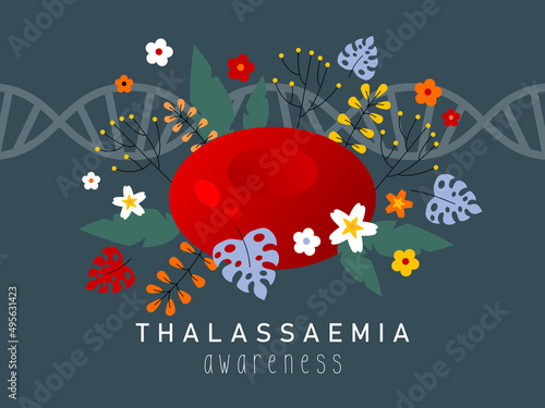 International Thalassaemia Day May 8th. Thalassaemia awareness, inherited condition affecting the blood. Thalassaemia blood test. Blood red hemoglobin and DNA. Medical flat illustration. Health care