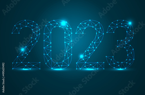 2023 new year text design with modern numbers. Graphic background communication structure with connected dots lines. Vector illustration.