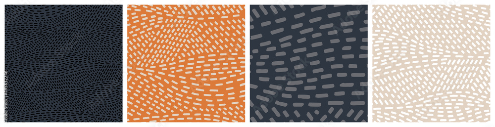 Neutral earth tones seamless background inspired by fields landscape, shown in different scale and color variations. Hand drawn vector pattern design with short strokes for fashion fabric.