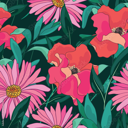 Cute retro print, seamless floral pattern with colorful summer meadow, large flowers, lush foliage. Decorative botanical background with beautiful botany composition, painted plants. Vector.
