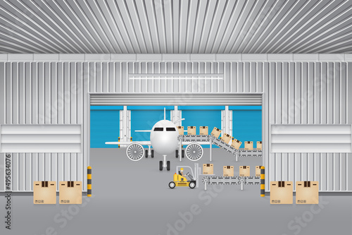 Operator loading cargo box to airplane storage by forklift inside hangar, airport. Vector illustration concept of import export, logistic, shipping, delivery. Freight transport distribution indusry.