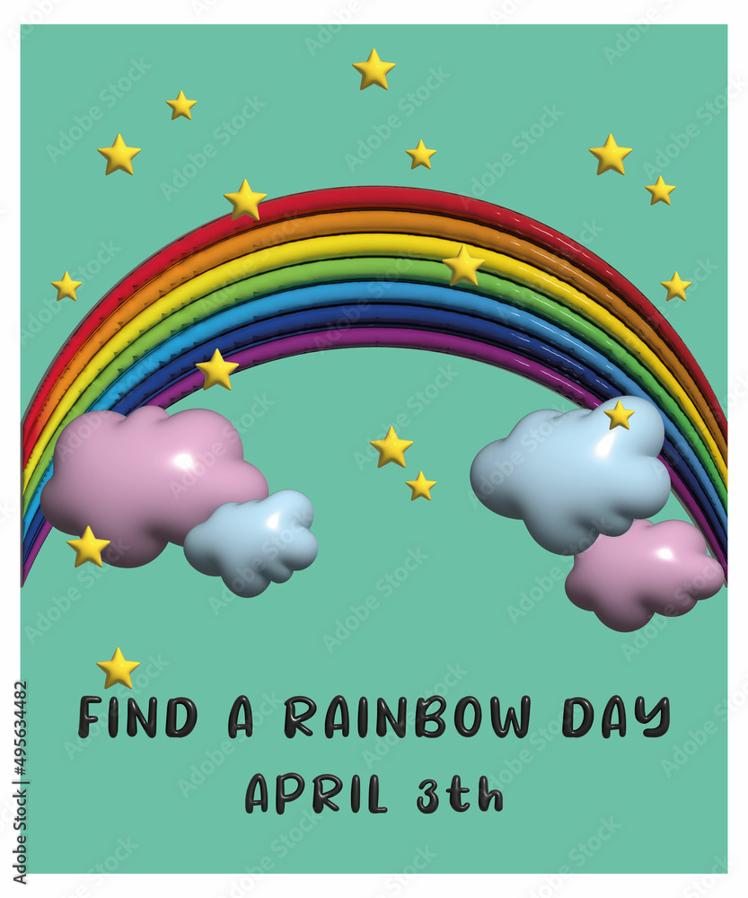 National Rainbow Day on April 3 with a rainbow, clouds and stars in