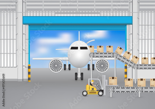 Operator loading cargo box to airplane storage by forklift inside hangar, airport. Vector illustration concept of import export, logistic, shipping, delivery. Freight transport distribution indusry.