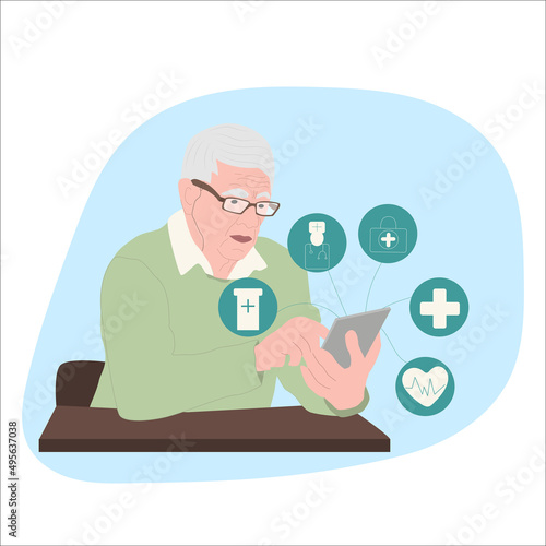 Elderly man use mobile application for medical help