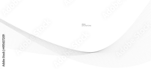Light grey abstract background, vector wave of flowing particles, curvy lines of dots in motion, technology and science theme, airy and ease futuristic illustration.