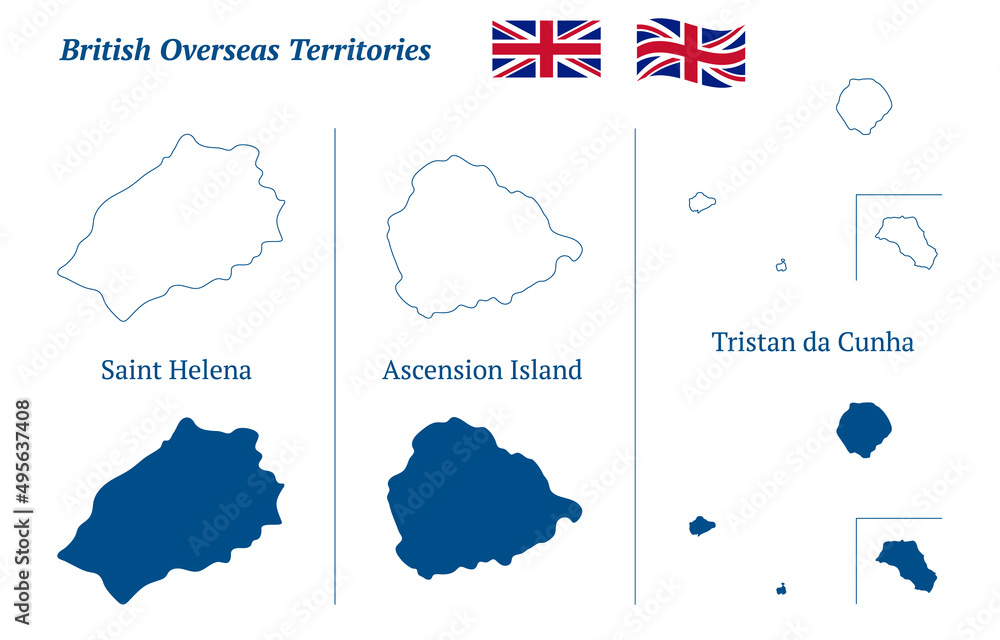 Saint Helena, Ascension and Tristan da Cunha map. British overseas territory in the South Atlantic. Detailed blue outline and silhouette. Country flag. Set of vector maps. All isolated on white.