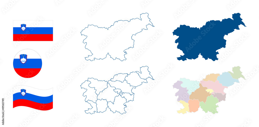 Slovenia map. Detailed blue outline and silhouette. Administrative divisions and statistical regions. Country flag. Set of vector maps. All isolated on white background. Template for design.