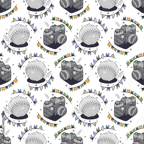 Balls and Photo camera. Seamless pattern on a white background. Cute vector illustration.