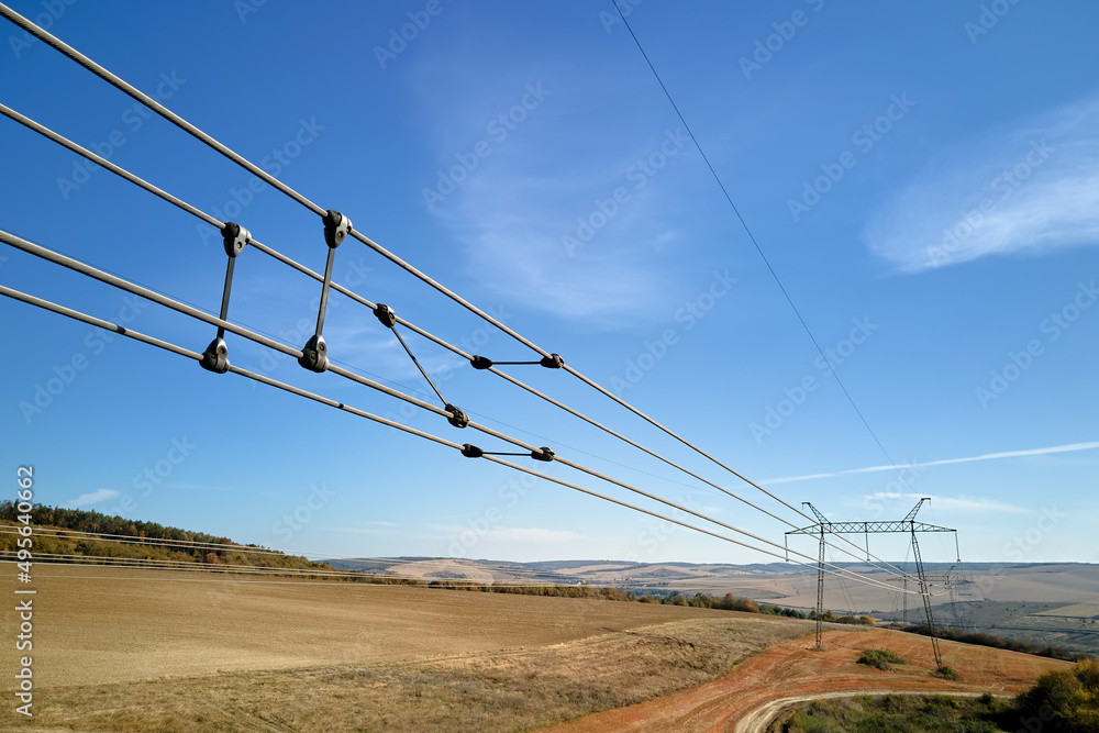 Transmission Line Guard Net High voltage tower with electric power lines divided by safe guard ...