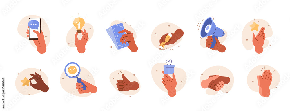 Hands gestures illustration set. Character hands making thumbs up, handshaking, holding smartphone, pencil and other business objects. concept. Vector illustration.