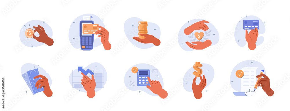 Fototapeta premium Hands gestures illustration set. Character hands holding money, credit card, bill, making donations and other financial activity. Finance occupations concept. Vector illustration. 