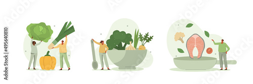 Healthy eating illustration set. Characters cooking fresh salad and other healthy meals from fresh vegetables and fish. Balanced vegetarian and vegan diet concept. Vector illustration.