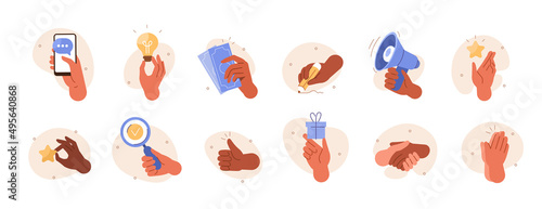 Hands gestures illustration set. Character hands making thumbs up, handshaking, holding smartphone, pencil and other business objects. concept. Vector illustration.