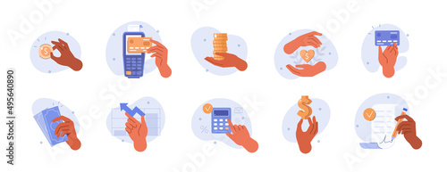 Hands gestures illustration set. Character hands holding money, credit card, bill, making donations and other financial activity. Finance occupations concept. Vector illustration.
