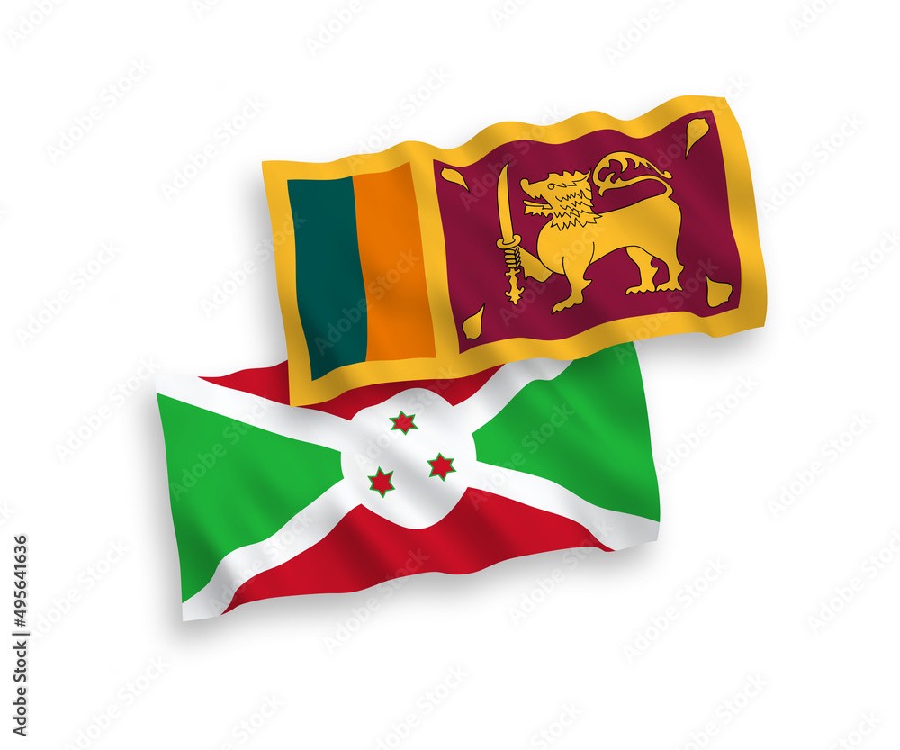 National vector fabric wave flags of Sri Lanka and Burundi isolated on white background. 1 to 2 proportion.