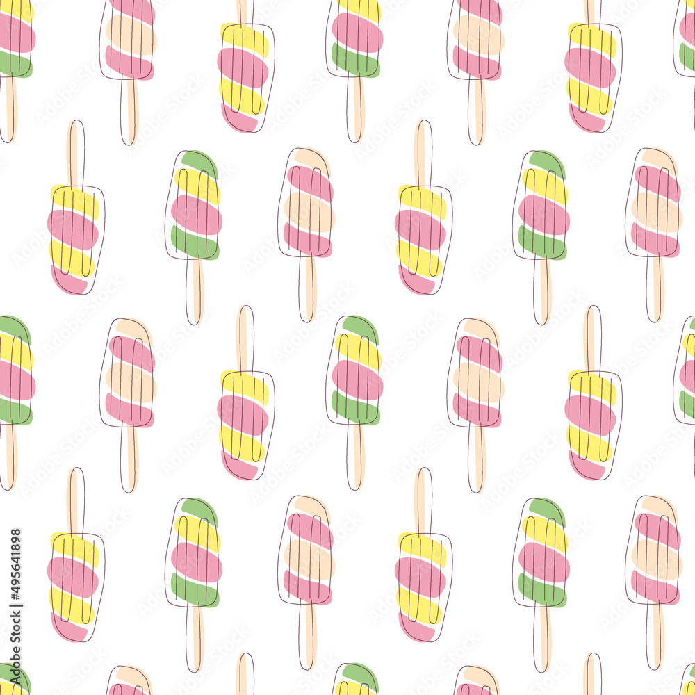 Seamless pattern of multicolored popsicle on a stick. Summer delicious print. Vector illustration for decor, wallpaper, packaging paper Seamless pattern of multicolored popsicle on a stick. Summer delicious print. Vector illustration for decor, wallpaper, packaging paper