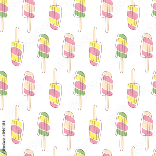 Seamless pattern of multicolored popsicle on a stick. Summer delicious print. Vector illustration for decor, wallpaper, packaging paper