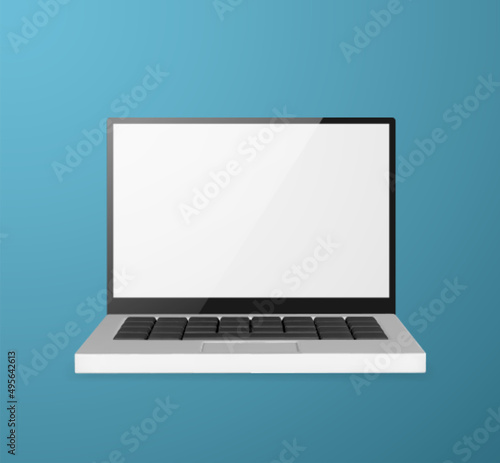 3d realistic laptop with blank screen on blue background. Vector illustration
