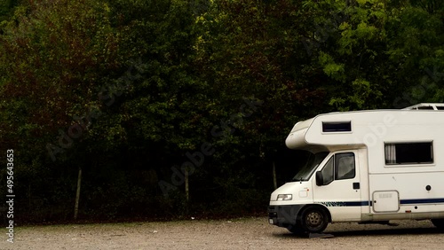 Camper rv camping on nature. Adventure with motor home.