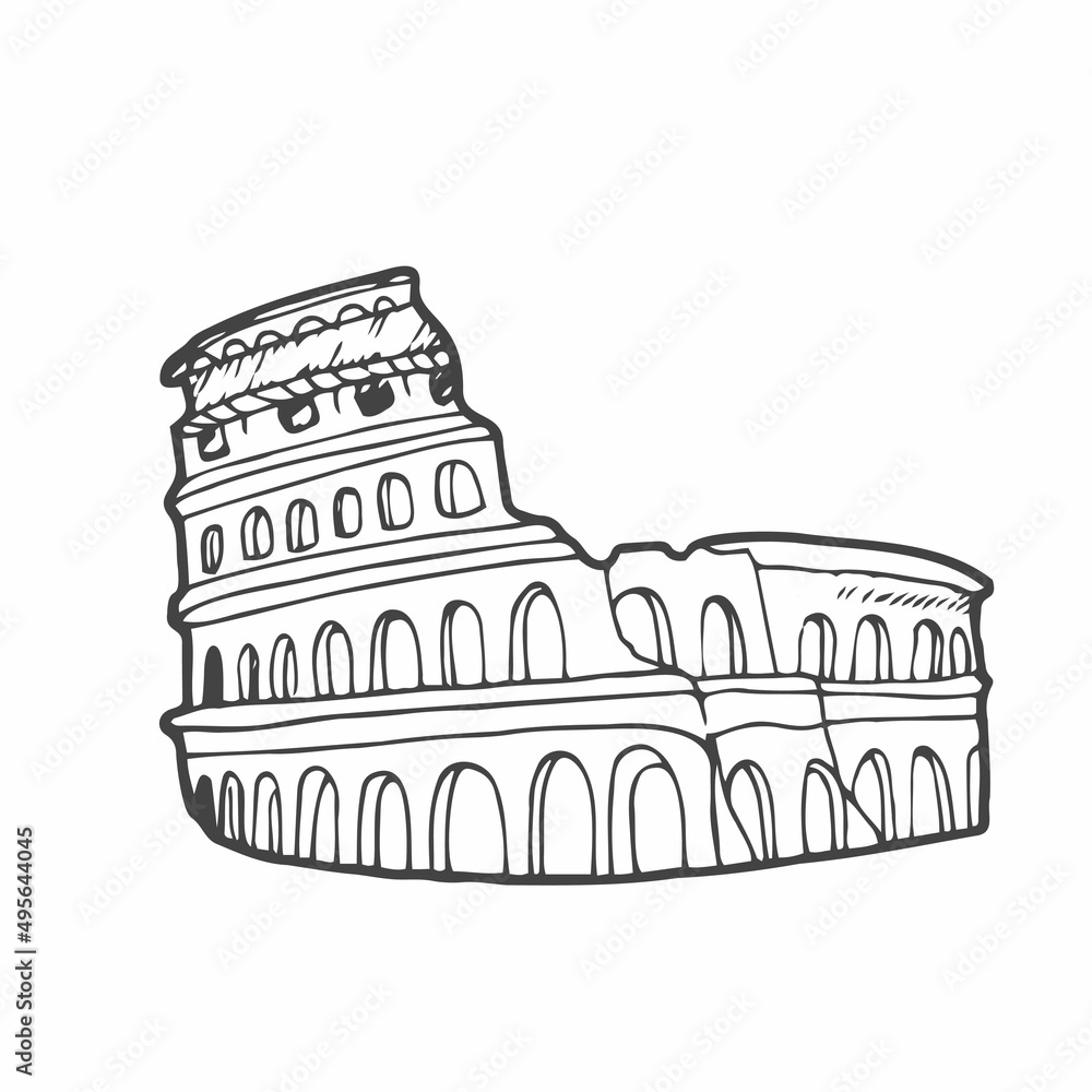 Doodle coliseum isolaten on white. Outline icon. Hand drawing line art. Tourism symbol. Sketch vector stock illustration.