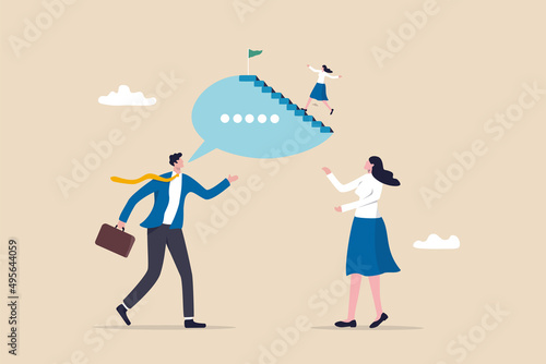 Advisor or consultant give advice to reach business goal, motivate employee to success in work, career development plan concept, businessman manager giving guidance advice for coworker to reach goal.
