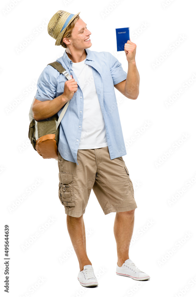 Guess what came in the mail. Full length shot of a handsome young tourist standing alone in the studio and holding his passport. Guess what came in the mail. Full length shot of a handsome young tourist standing alone in the studio and holding his passport.