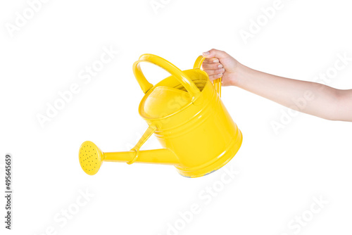 Female Hand is Holding A Watering Pot Something on Isolated White Background