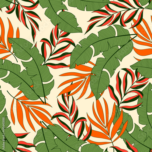 Abstract seamless tropical pattern with bright plants and leaves on a beige background. Printing and textiles. Exotic tropics. Summer. Trendy summer Hawaii print.