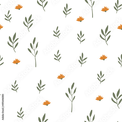 Colorful Small Scale Hand-Drawn Floral Vector Seamless Pattern. Retro 70s Style Nostalgic Fashion Textile Bold Background. Summer Resort Print. Ditsy flowers and leaves. Flower Power pattern on white
