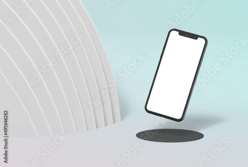 Abstract geometric background in the form of rectangles, minimalistic podium layout with smart phone with blank screen. Mock up. 3d rendering.