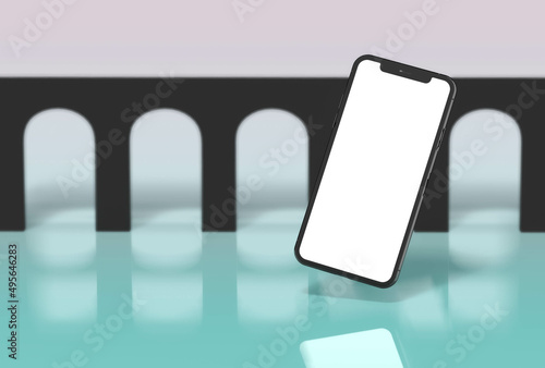 Abstract geometric background in the form of rectangles, minimalistic podium layout with smart phone with blank screen. Mock up. 3d rendering.