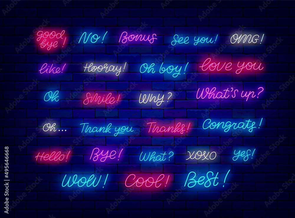 Neon quote bundle. Best and congrats. Thank you and Love. Shiny phrases clipart. Editable stroke. Vector illustration