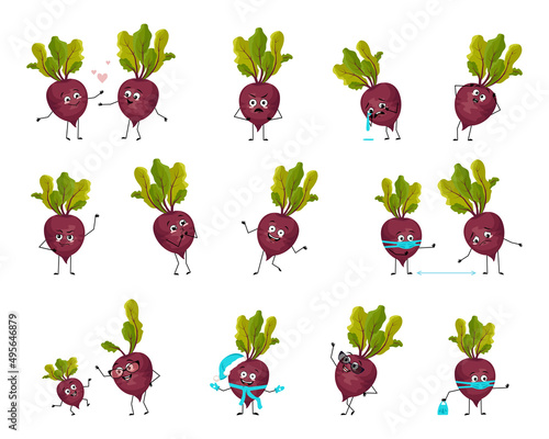 Beet character with happy or sad emotions, panic, loving or brave face, hands and legs. Cheerful vegetable, exotic person with mask, glasses or hat. Vector flat illustration 