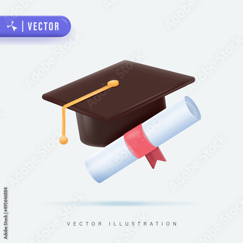 3D Realistic Graduation Hat and Diploma in Isolated White Background Vector Illustration. Graduation Logo Template Design Elements. Element for degree ceremony and educational programs design.