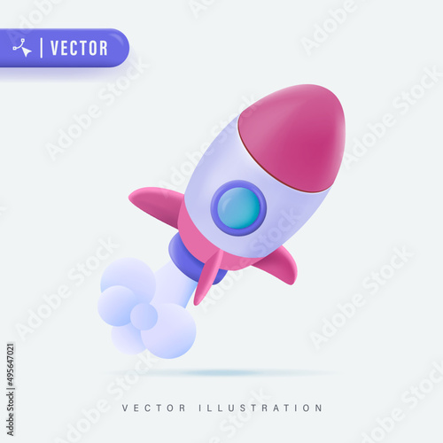 Flying space rocket 3d Realistic vector illustration with pink and purple color