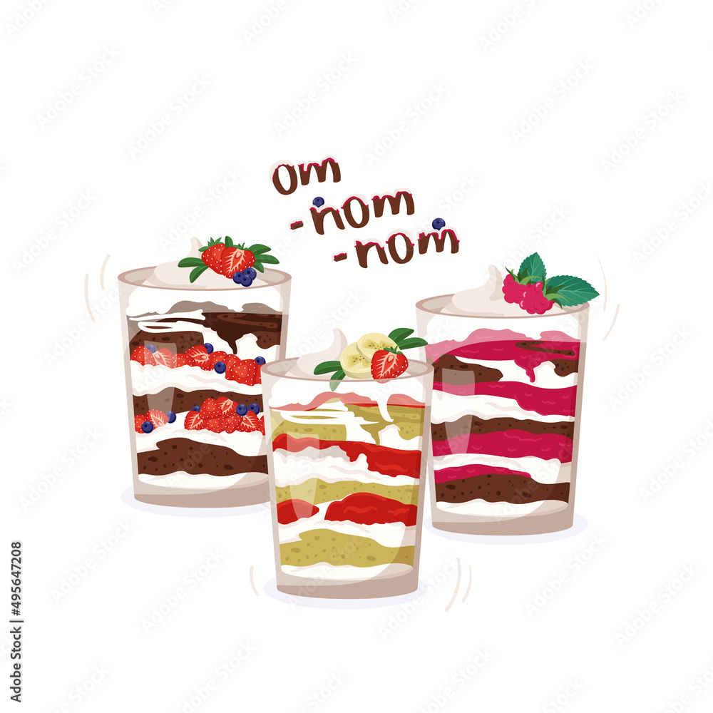 Set of delicious puff trifle with chocolate biscuit, strawberries and blueberries, cream and berries. Sweet dessert. Vector flat illustration Set of delicious puff trifle with chocolate biscuit, strawberries and blueberries, cream and berries. Sweet dessert. Vector flat illustration