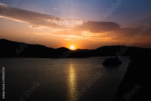 Scenic view of a magical sunset over the Pactola Reservoir, South Dakota photo