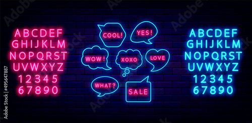 Speech bubbles neon sign collection. Different shiny text. Cool, wow. Light blue and pink alphabet. Vector illustration