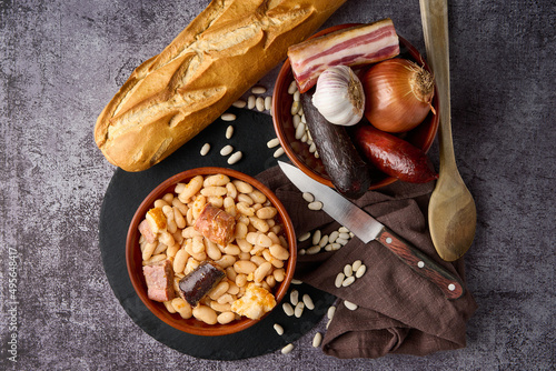 Traditional Asturian bean stew and its ingredients photo