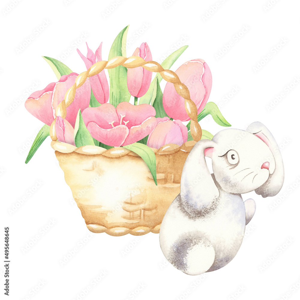 Cute Bunny Carrying A Basket of Flowers.