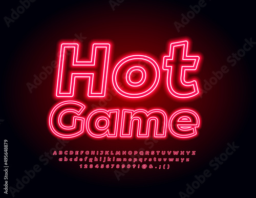 Vector glowing banner Hot Game. Red Neon Font. Electric light Alphabet Letters, Numbers and Symbols set