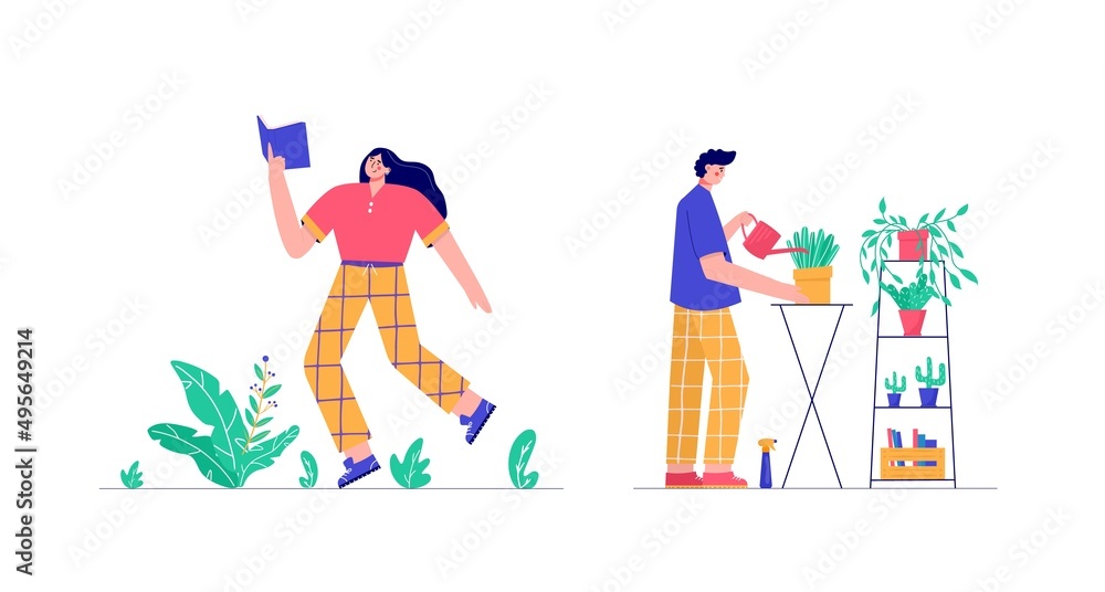 Modern people reading book, geardering, planting. Set of characters enjoying their hobbies, work, leisure. Vector illustration in flat cartoon style.