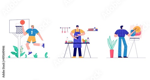 Modern people playing basketball, cooking, painting, gaming. Set of characters enjoying their hobbies, work, leisure. Vector illustration in flat cartoon style. © Tanyasun