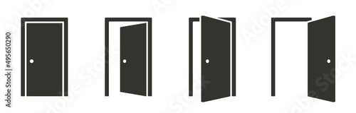 Door icons set. Open, close and ajar door. Doors collection. Opened entrance door set flat style - stock vector.