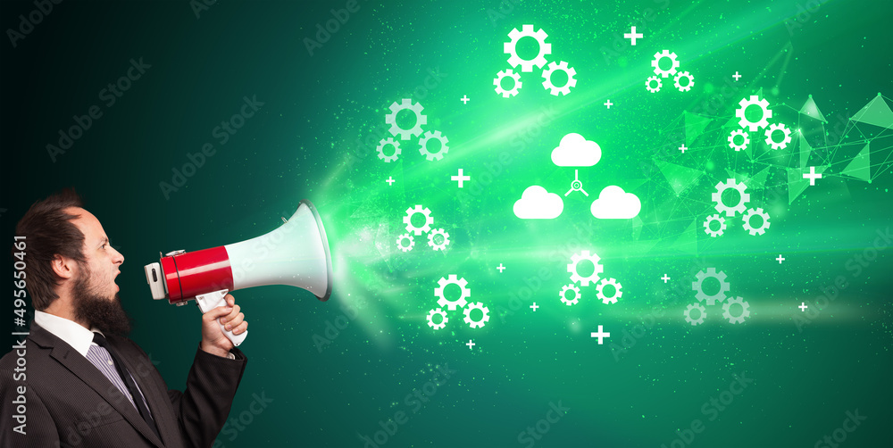 Young person with megaphone and technology related icon Young person with megaphone and technology related icon