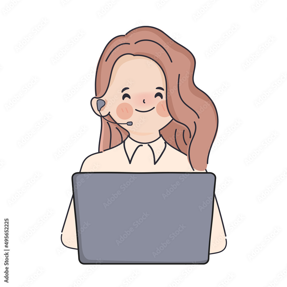 Hand drawn clip art woman in customer service call center job office worker character.